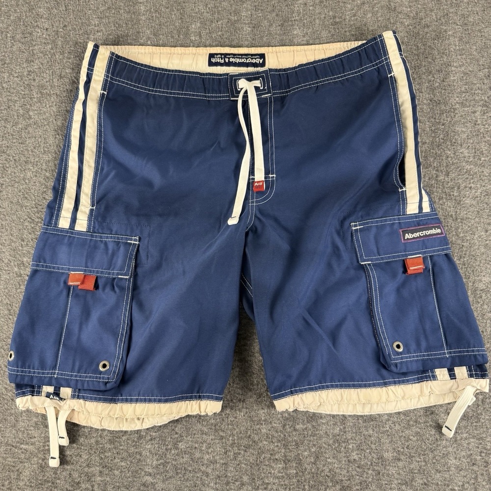 Abercrombie & Fitch Blue Cargo Swim Trunks Board Shorts Mens L Drawstring